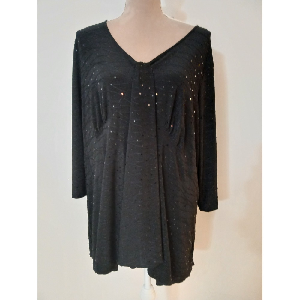 Jaclyn Smith Black Sequin Wavy Textured V-Neck Tunic Top Plus Size 3X 3/4 Modest